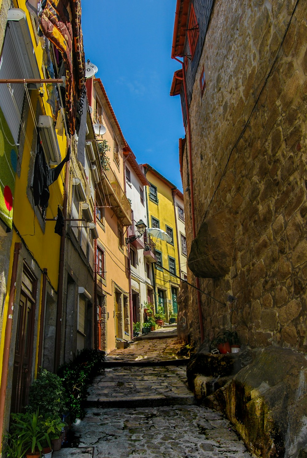 pathway between colorful houses