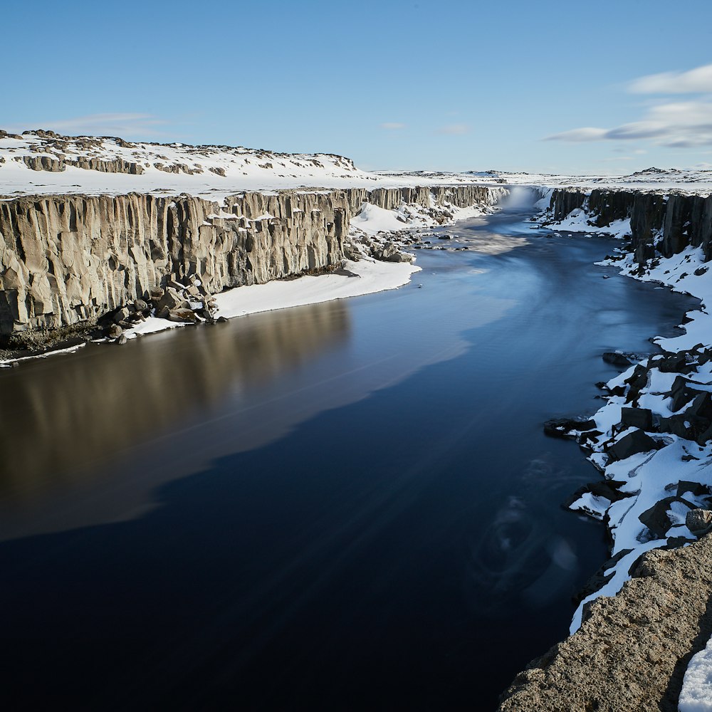 body of water in middle of snow capped rocks