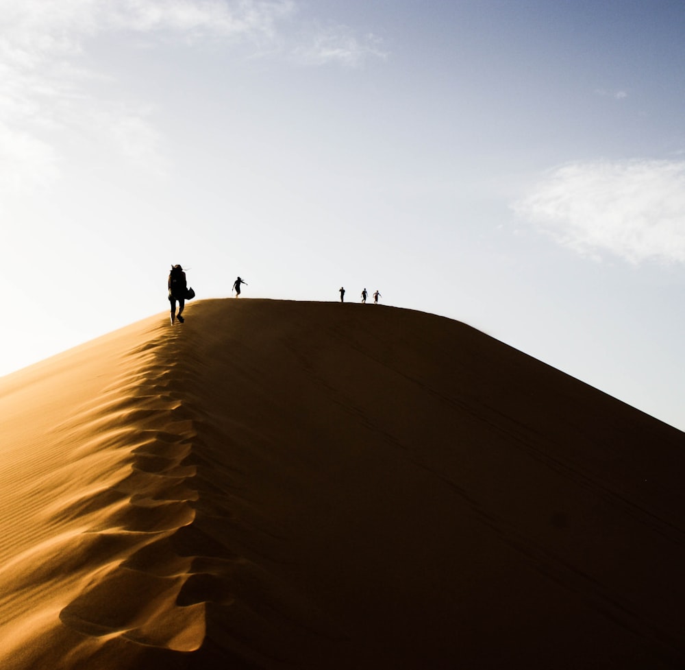 Cinco personas de pie en las dunas de arena durante el día