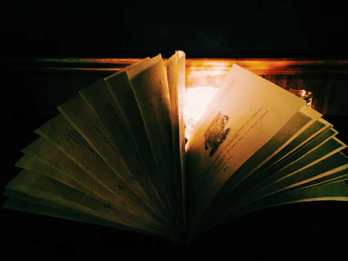 The Hermit card resting on an open page of the book, illuminated by candlelight.