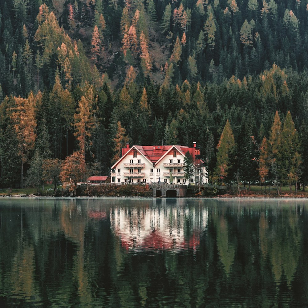 casa blanca y roja cerca del lago