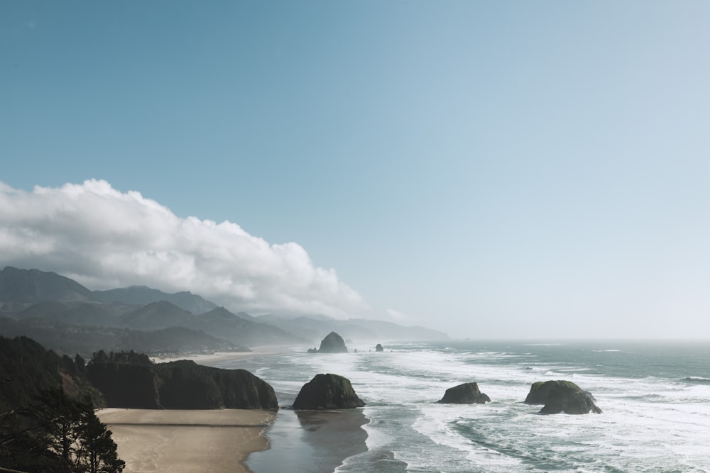 black rocks near seashore during daytime