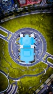 aerial view of blue concrete building