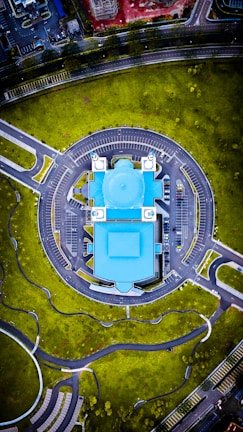aerial view of blue concrete building