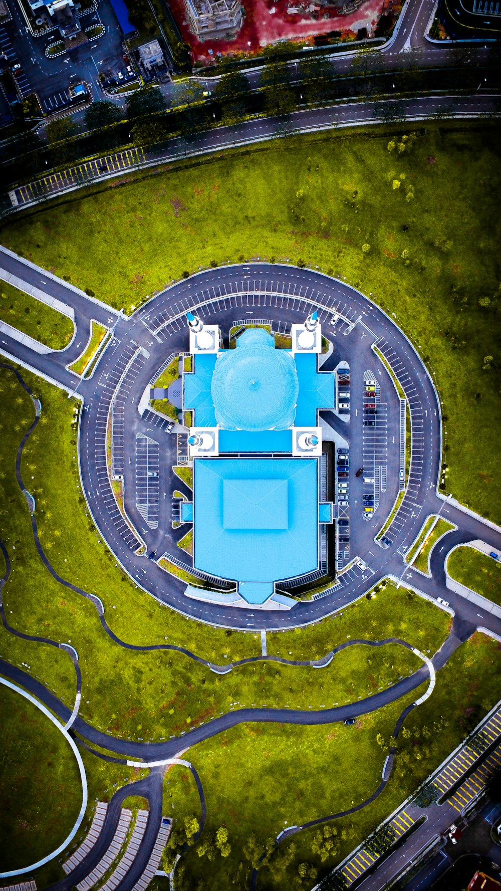 aerial view of blue concrete building