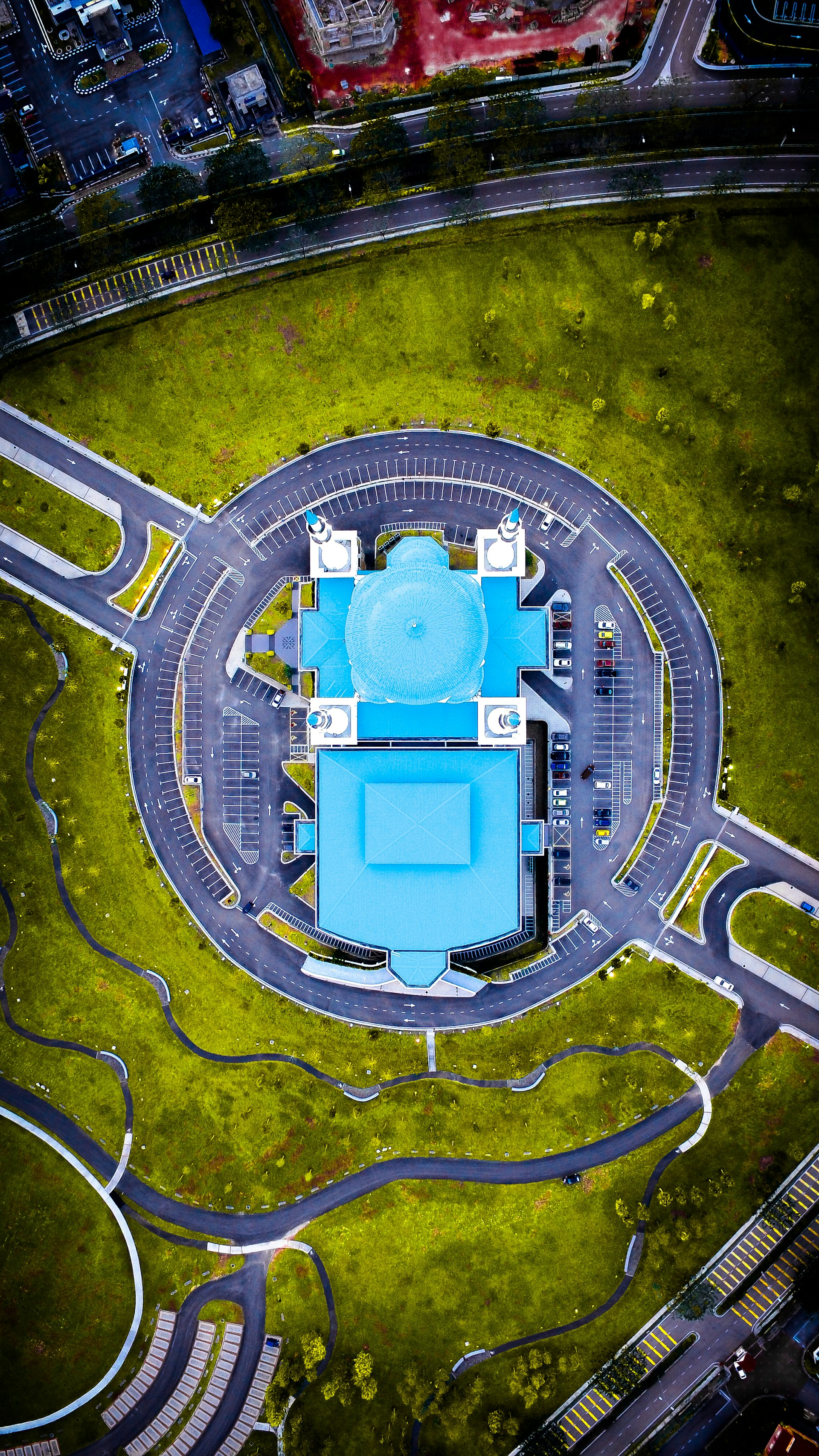 aerial view of blue concrete building