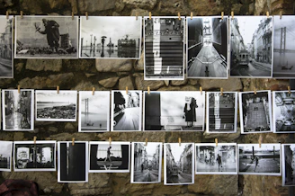 hanging grayscale photos