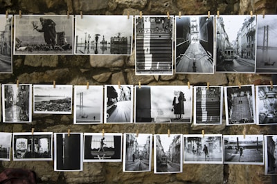 hanging grayscale photos
