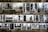 A collection of black and white photographs is displayed on a stone wall, each pinned by clothespins. The images showcase various cityscapes, urban scenes, and people, including trams, bridges, and figures with umbrellas. The overall presentation emphasizes contrast and composition.