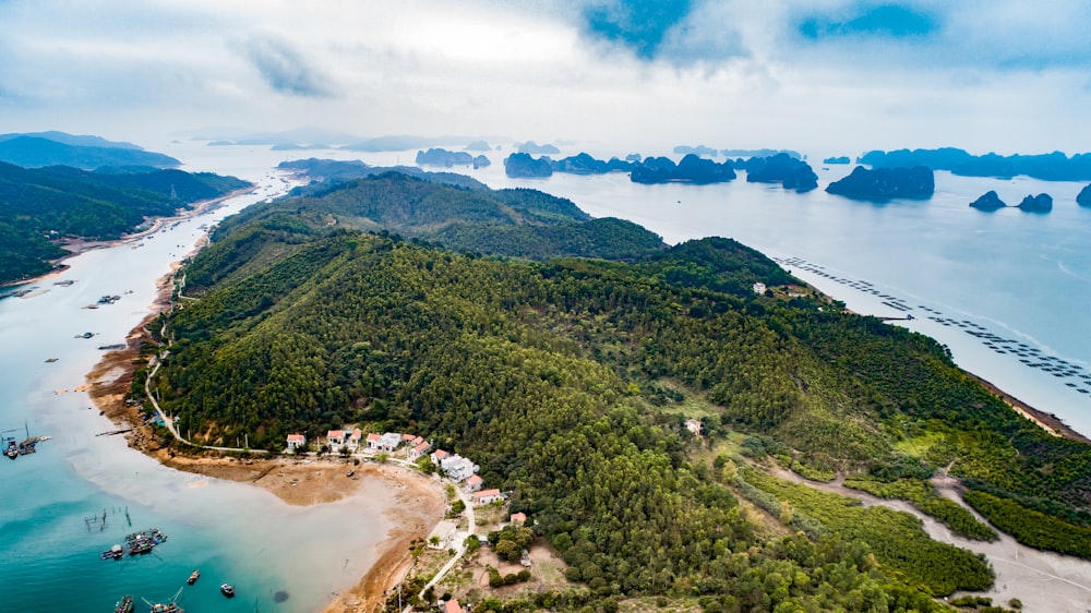 aerial view of island and beahc