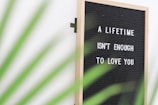 A black letter board with a wooden frame displays the message 'A lifetime isn't enough to love you' in white letters. In the foreground, out-of-focus green palm fronds partially obscure the right side of the board, adding a touch of nature to the scene.