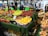 A vibrant outdoor market stall with various fruits neatly arranged in boxes. There are apples, pears, lemons, and other produce on display, with price signs on top of the boxes. Several people are either working or browsing through the market in the background.