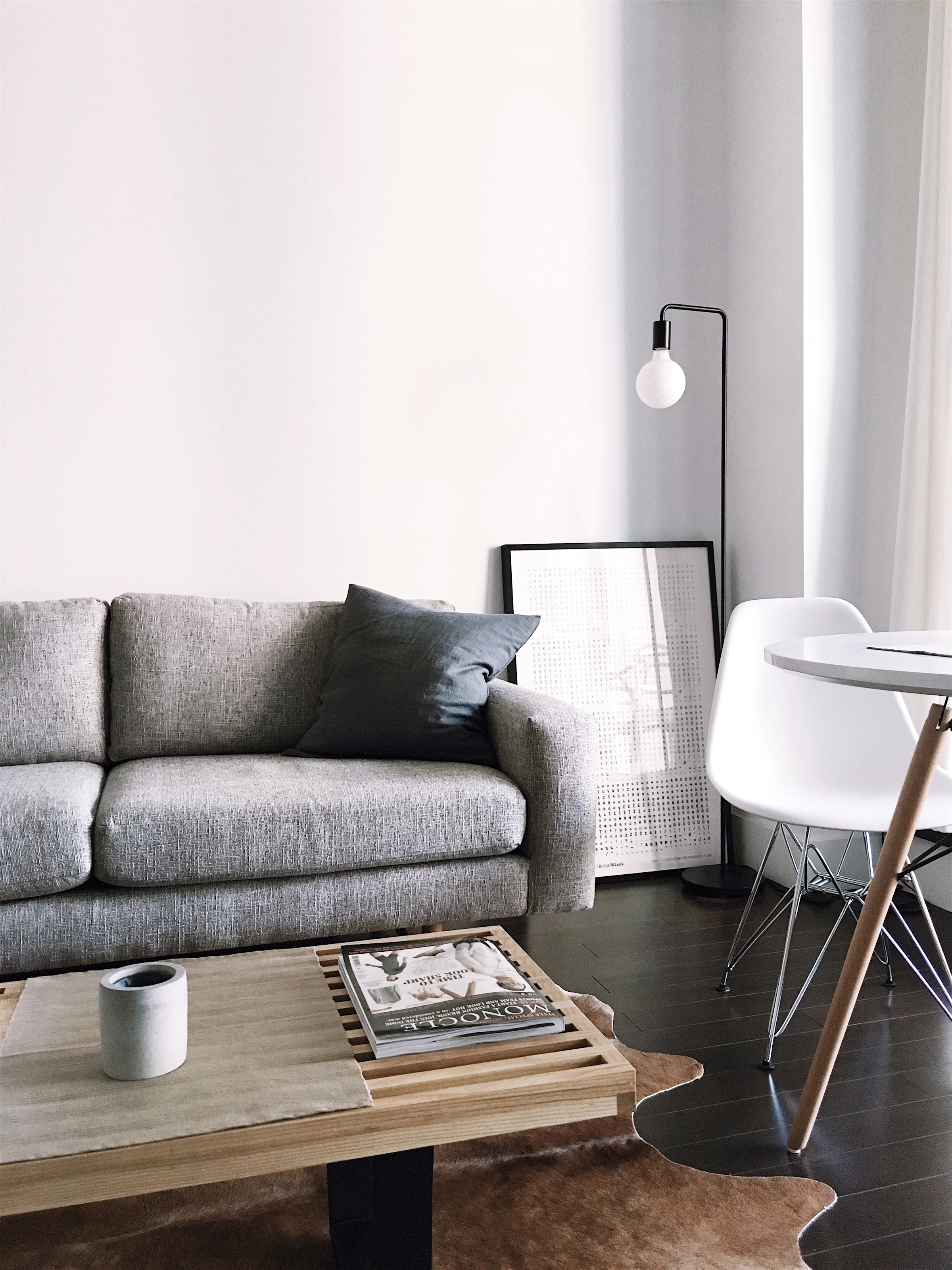 A serene reading corner with wooden coffee table