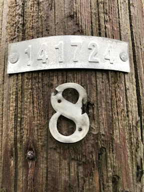 A weathered wooden utility pole with a metallic sign displaying the numbers 141724 and a separate metallic number 8 attached below.
