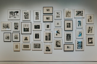 A striking black background gallery wall featuring sharp-edged scientific and poetic art prints with white and orange accents.