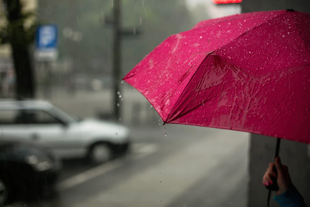 雨中的粉色雨傘
