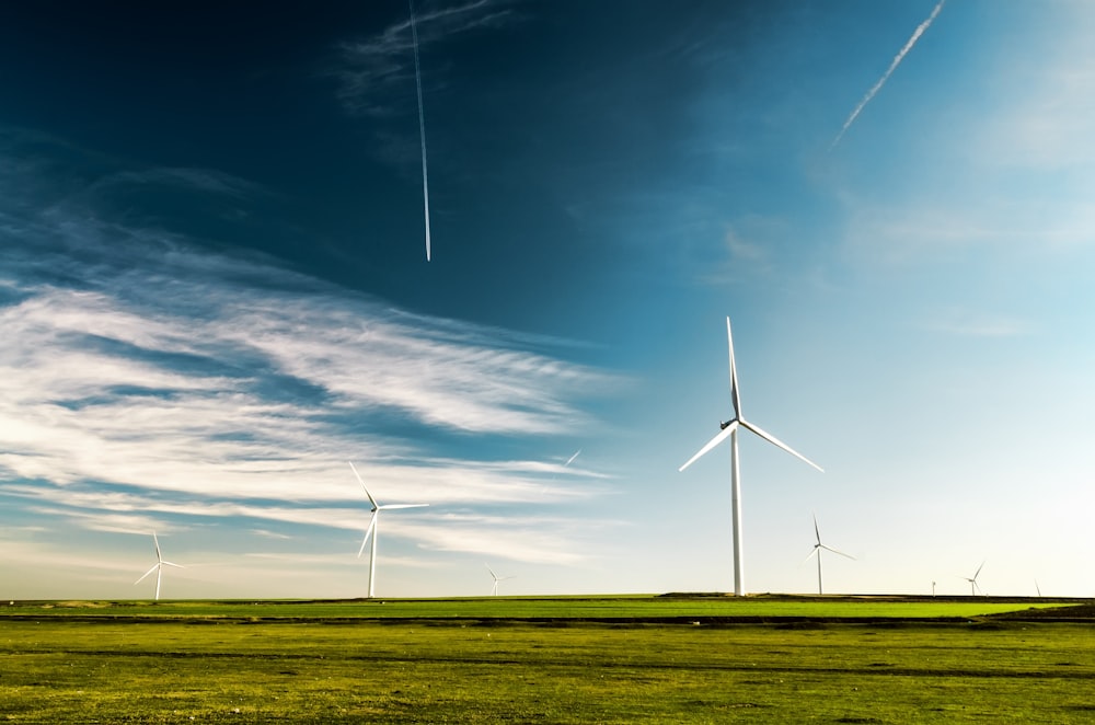 photo of wind turbines on green grass