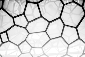 An intricate geometric pattern of interconnected polygons, predominantly hexagons and pentagons, creating a visually complex lattice structure. The structure is composed of dark lines against a light background, giving it a modern architectural feel. The pattern appears layered, with some portions lighter, adding depth to the design.