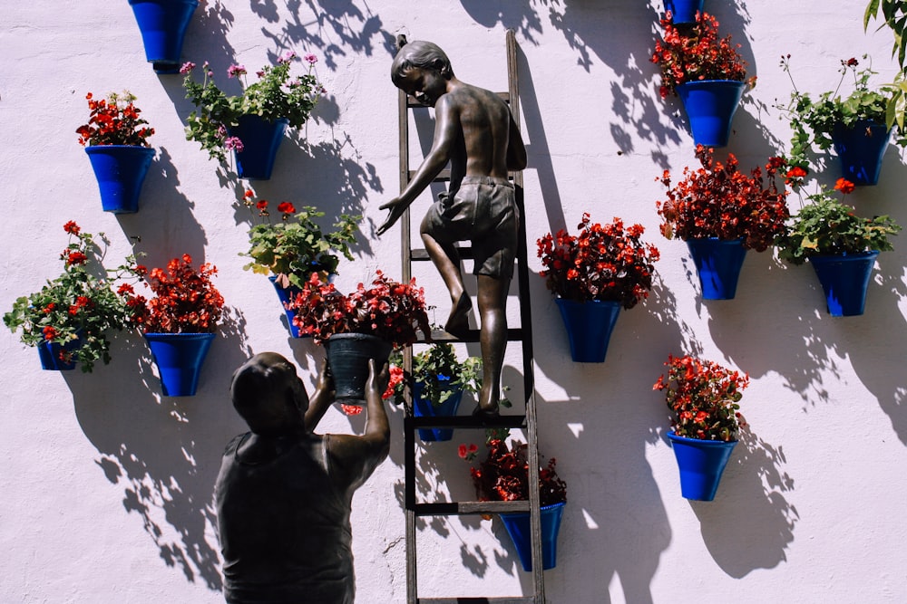 menino subindo na escada perto de vasos de plantas montados na parede