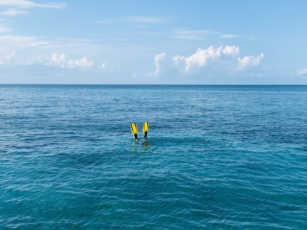person diving on sea with yellow flippers
