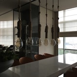 A modern interior space featuring a row of large pendant light bulbs hanging from the ceiling by ropes. The room has a sophisticated design with a marble countertop and leather chairs. There are large windows on one side, allowing natural light to filter in, and a variety of plants add a touch of greenery.