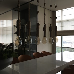 A modern interior space featuring a row of large pendant light bulbs hanging from the ceiling by ropes. The room has a sophisticated design with a marble countertop and leather chairs. There are large windows on one side, allowing natural light to filter in, and a variety of plants add a touch of greenery.