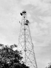 A tall metal communication tower rises into the cloudy sky. The structure is made of intersecting steel beams and features several large, circular antenna dishes mounted at various levels. At the bottom of the image, leafy branches of a tree are visible, adding a natural element to the scene.