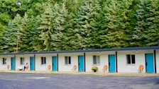 A single-story motel building with a row of five doors and windows, each featuring bright blue doors and orange chairs placed outside. White potted flowers are seen beside a person seated near one of the rooms. The background is dominated by a dense line of tall evergreen trees, adding a natural feel to the setting.