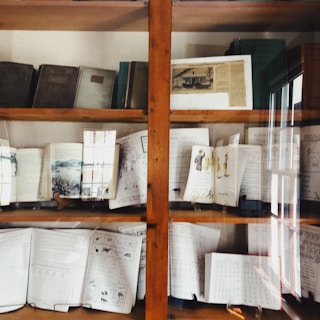 A wooden bookshelf filled with various open books, pamphlets, and hardcover volumes. The books are displayed on two shelves, some standing upright while others are opened to show illustrations and text. The light reflects off the glass front of the case, creating a soft glare over the pages.