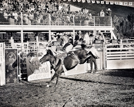 A vintage rodeo poster showcasing cowboys in action under a sunset sky.