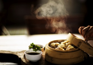 steamed dumplings on steamer