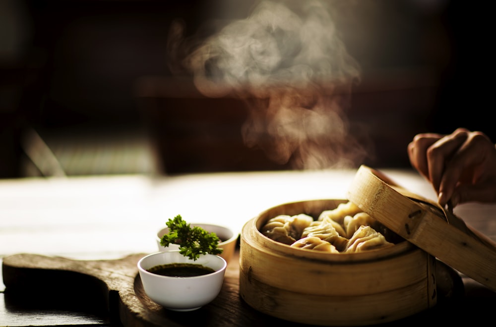 steamed dumplings on steamer