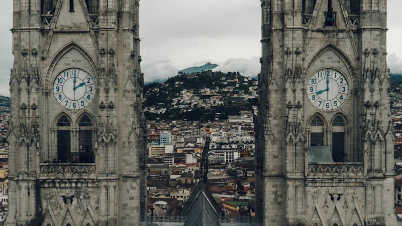 Basilica del Voto Nacional towers framing Quito's cityscape
