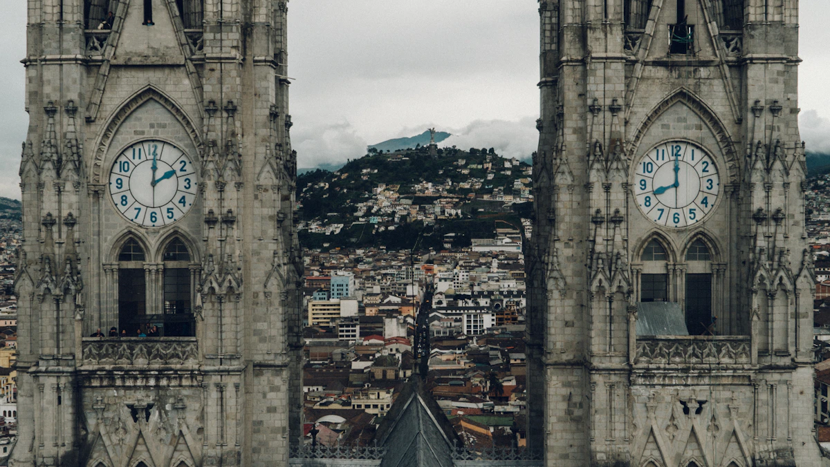 The twin stone towers of Quito's Basilica del Voto Nacional