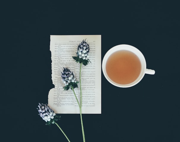 white ceramic tea cup beside white flowers