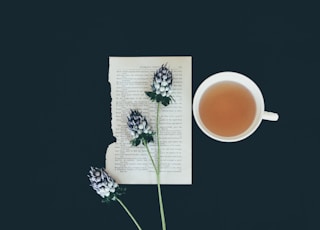 white ceramic tea cup beside white flowers