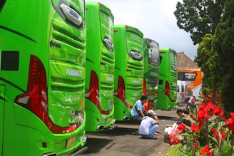 Several green buses are parked in a row, with a group of people sitting on the pavement beside them. Red flowers are visible in the foreground, adding color to the scene. In the background, there are trees and another bus, suggesting a waiting area or parking lot.