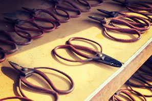 A garden pruning shear with rusted and blunt blades before restoration service.