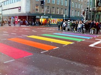 people standing on road in front of multicolored pedestrian line