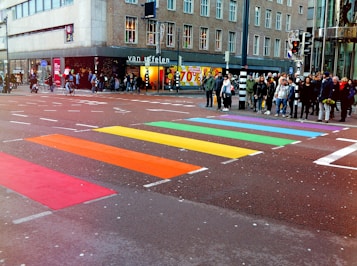 people standing on road in front of multicolored pedestrian line
