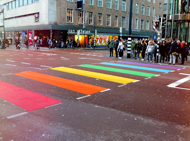 people standing on road in front of multicolored pedestrian line