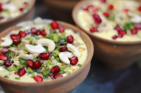 A bowl of creamy payasam, South-Indian rice-and-milk pudding with nuts