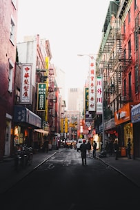 photography of people walking on street between buildings