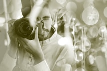 A person holding a DSLR camera up to their eye, as if taking a photo. The background is filled with bokeh lights, creating a dreamy and artistic atmosphere.
