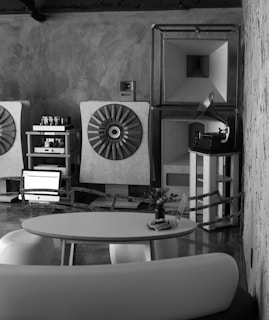 A vintage-style room featuring large, retro speakers with circular designs and a gramophone on a wooden stand. There is a modern computer partially visible next to the speakers. In the foreground, a round table holds a small vase with flowers, and a soft, curved chair is nearby. The walls have a textured concrete appearance, creating a contrast between the rustic and modern elements.
