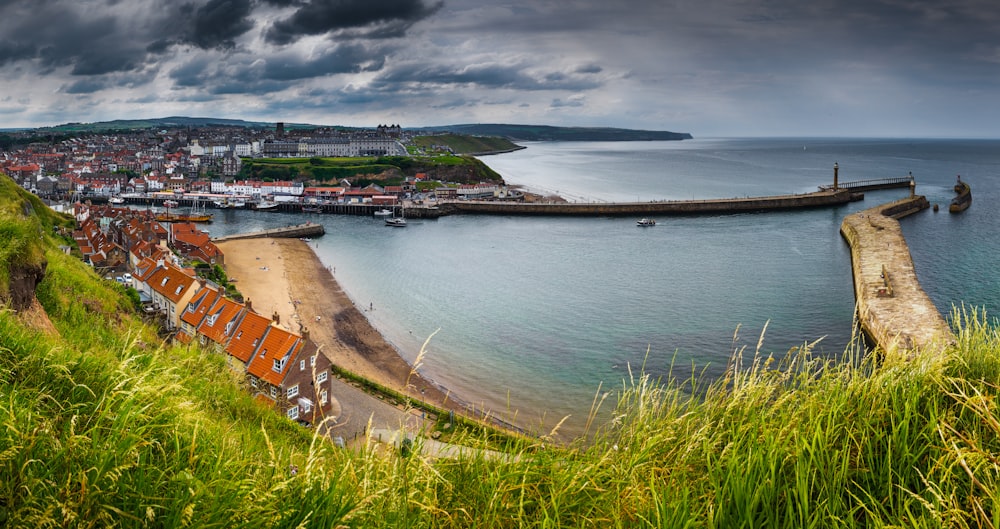 houses near sea under cloudy sky