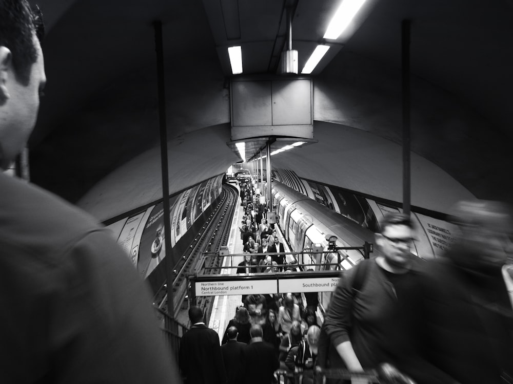 grayscale photo of train station