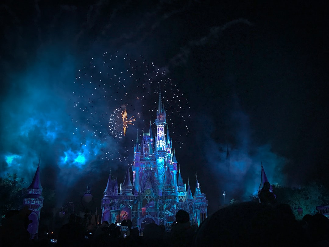 crystal castle with fireworks at night,