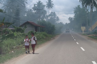 Two children wearing school uniforms walk along a rural road, surrounded by lush vegetation and palm trees. A small house with a rusted roof is visible nearby, and there is a car driving away in the distance under an overcast sky.