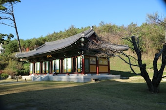 A traditional Korean building with a curved, tiled roof and vibrant painted details sits in a serene garden setting. Surrounding the structure are manicured lawns and neatly trimmed trees, with a backdrop of lush greenery and a clear blue sky.